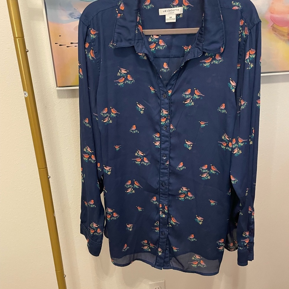 Liz Claiborne Navy Bird Print Blouse 3X